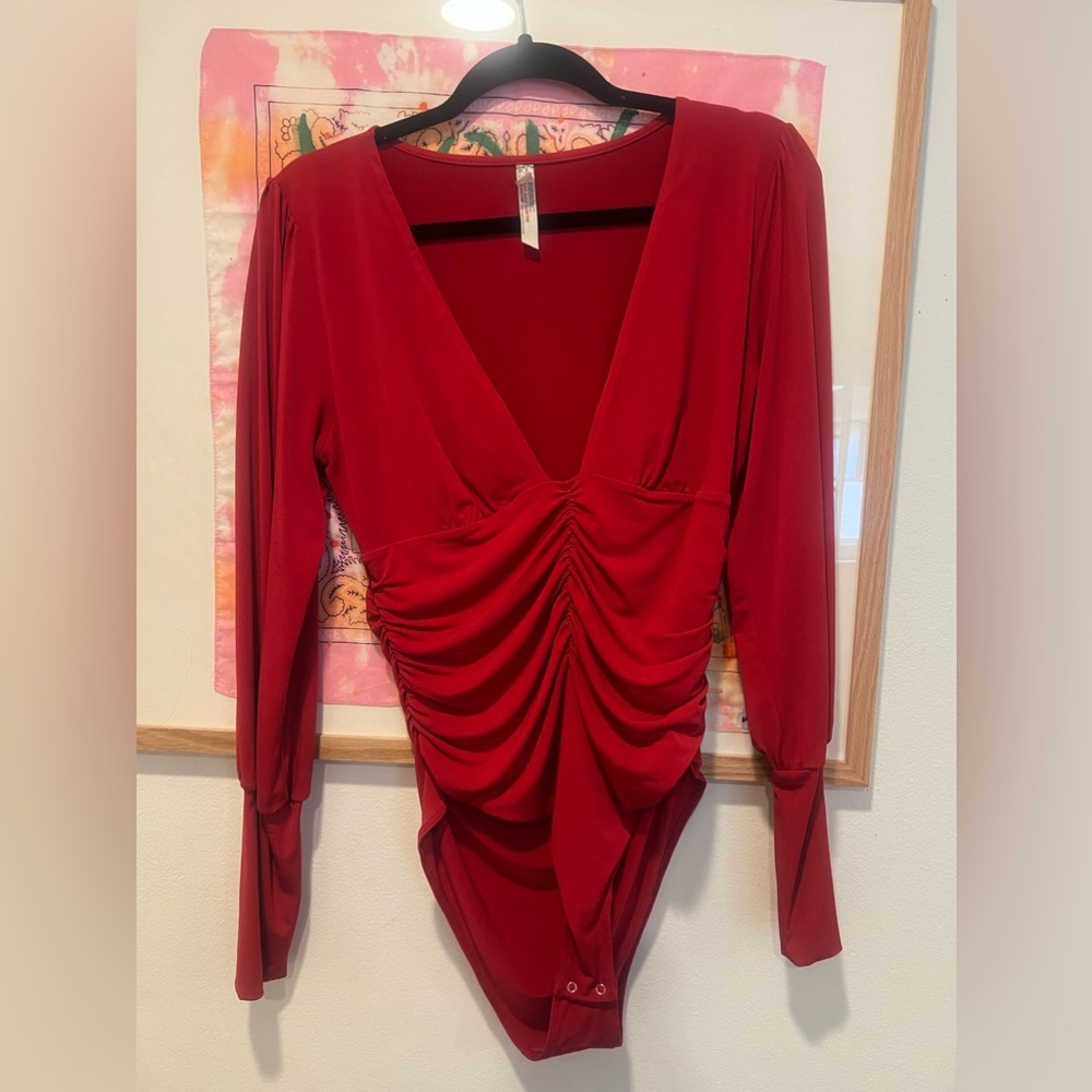 FREE PEOPLE RED ROUCHED BODYSUIT